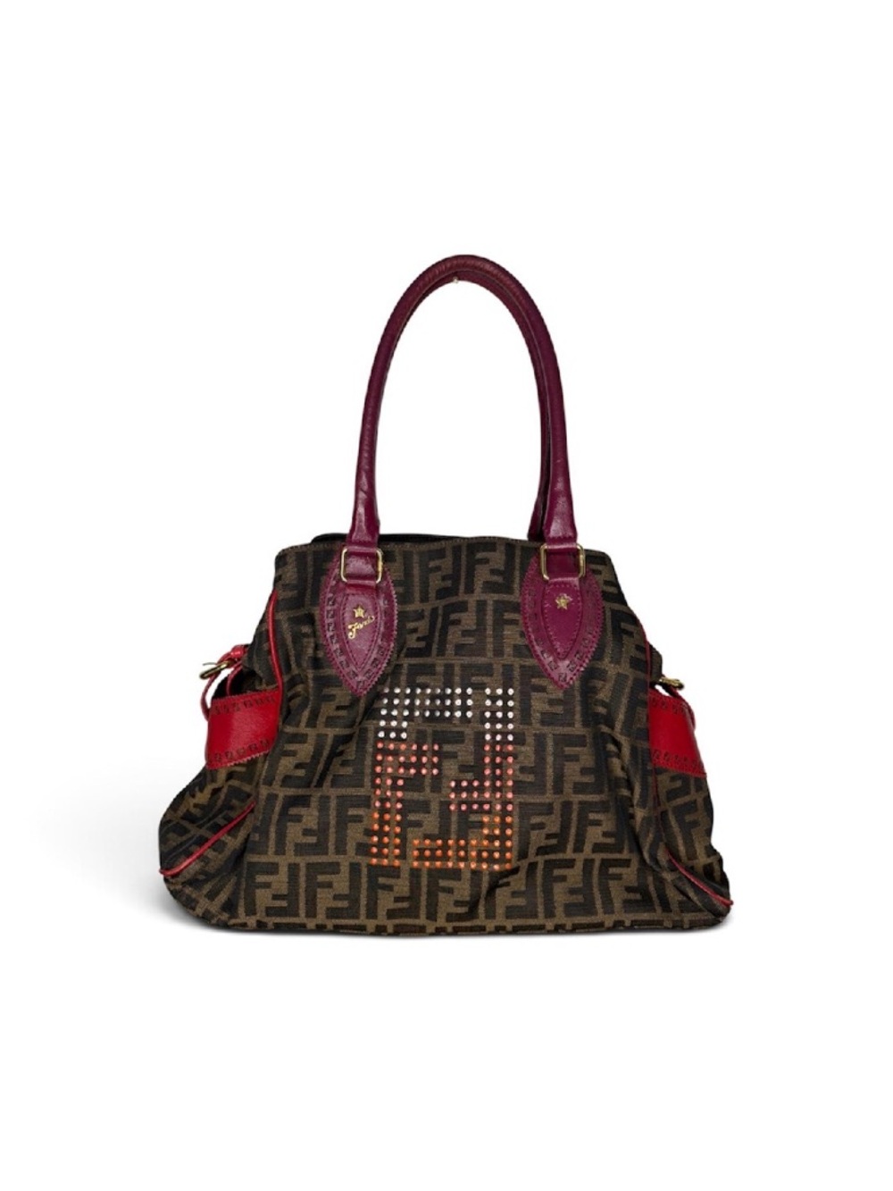 Fendi Brown Zucca Canvas Satchel with Burgundy and Red Trim